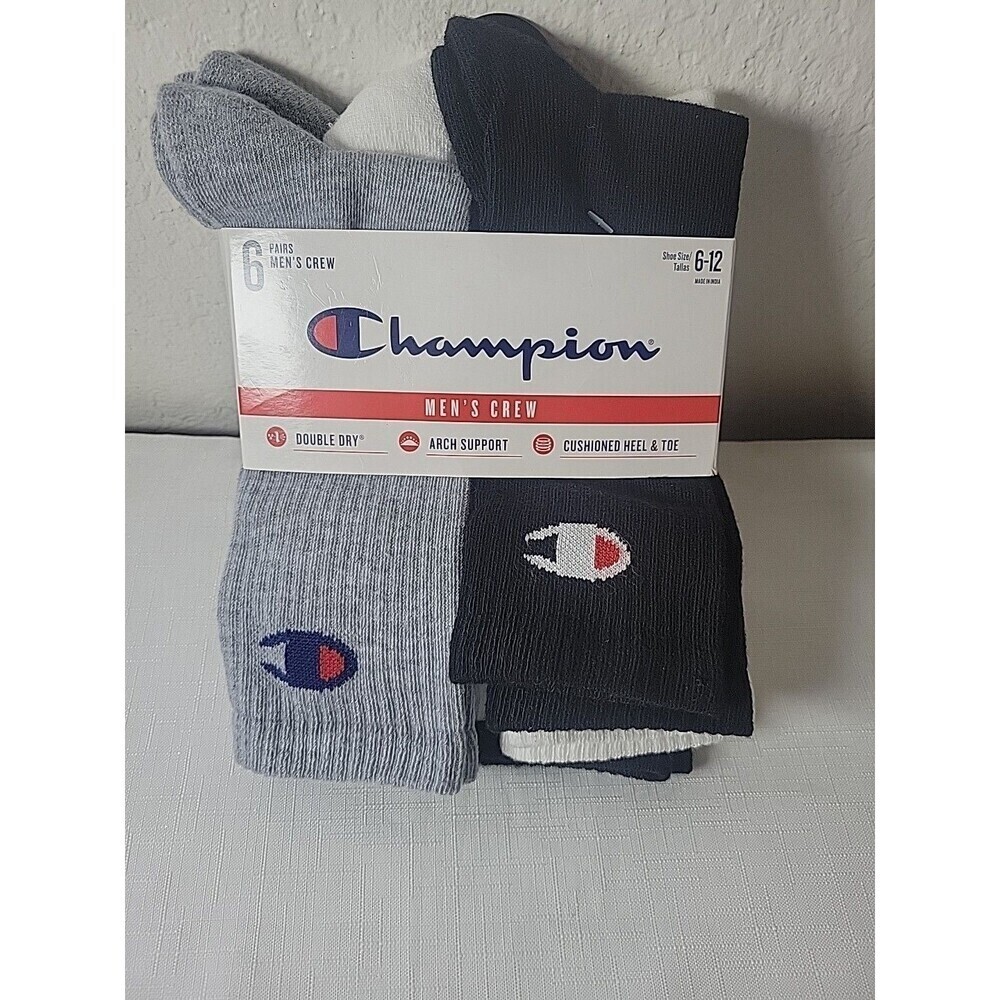 Champion Men's Socks 6 Pairs Crew Socks Arch  Support Cushioned Hell 6 - 12 New